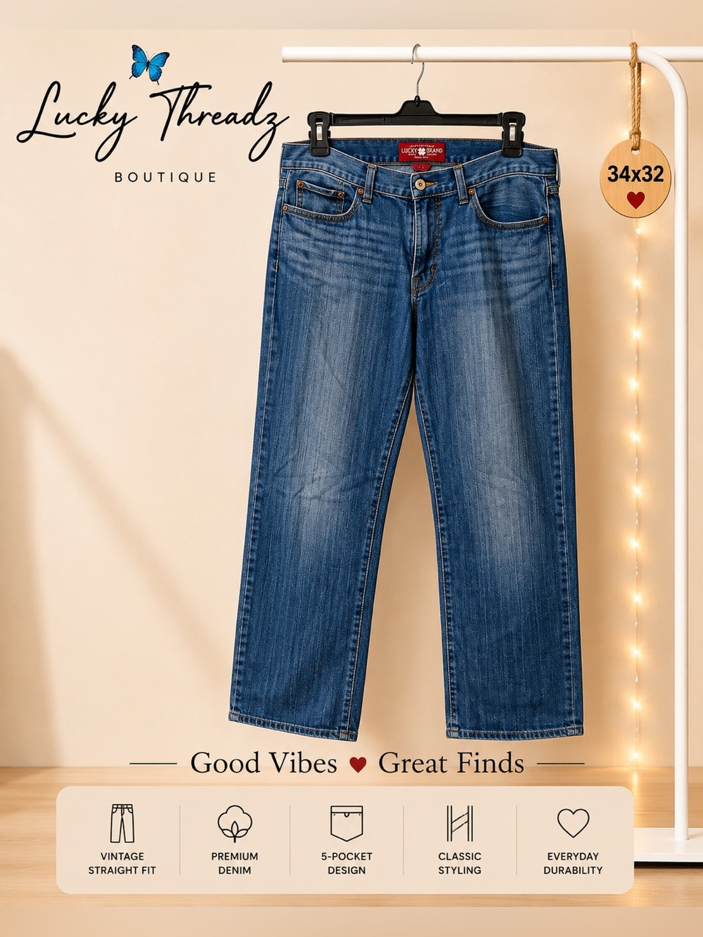 Lucky Brand 361 Vintage Straight Leg Jeans Mens 34 x 32 Medium Wash Blue Denim⁠